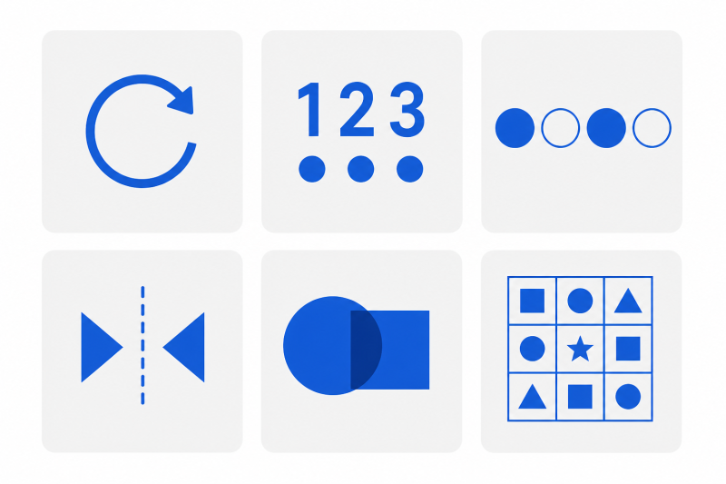 Flat illustration showing six abstract reasoning pattern categories used in timed IQ tests