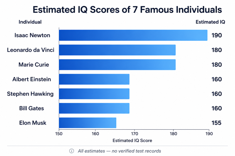 Horizontal bar chart comparing estimated IQ scores of famous geniuses including Newton, da Vinci, Einstein, Hawking, Gates and Musk with disclaimer that all scores are estimates