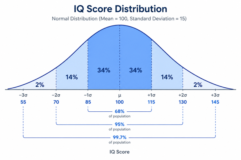 Bell curve diagram showing normal distribution of IQ scores with mean 100 and standard deviation 15, highlighting percentage of population in each range