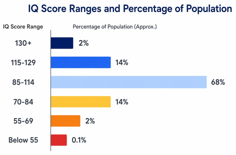 Horizontal bar chart comparing IQ score ranges from Below Average to Very Superior with population percentages and color coding