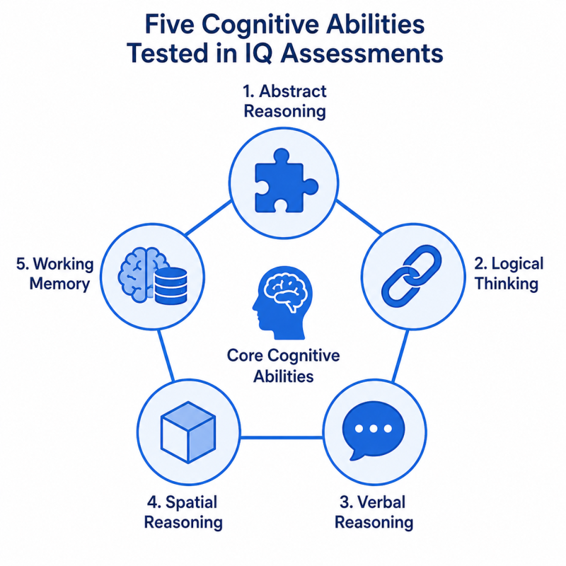 Overview diagram of five cognitive abilities measured by IQ tests: abstract reasoning, logical thinking, verbal reasoning, spatial reasoning, and working memory