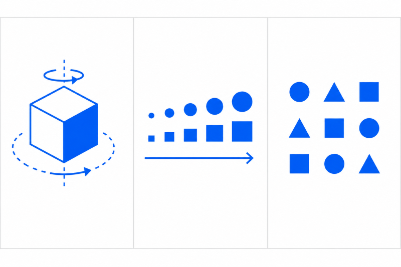 Three IQ test skill types: spatial visualization, numerical reasoning, and abstract logic