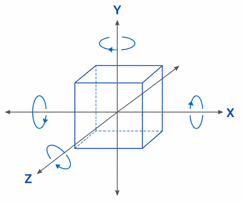 Diagram showing a 3D cube rotating along X, Y, and Z axes with directional arrows indicating clockwise and counterclockwise rotation
