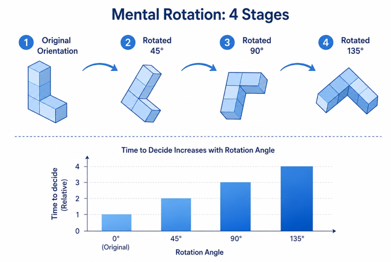 Step-by-step diagram showing how the brain mentally rotates a 3D object in stages, illustrating the incremental rotation process studied in cognitive science
