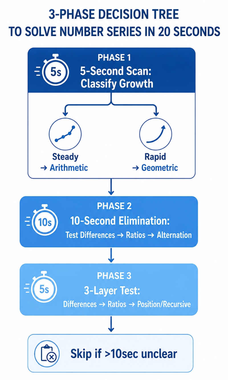 Decision tree flowchart showing the 20-second framework for solving number series: 5-second scan, 10-second elimination with differences and ratios, 3-layer testing method