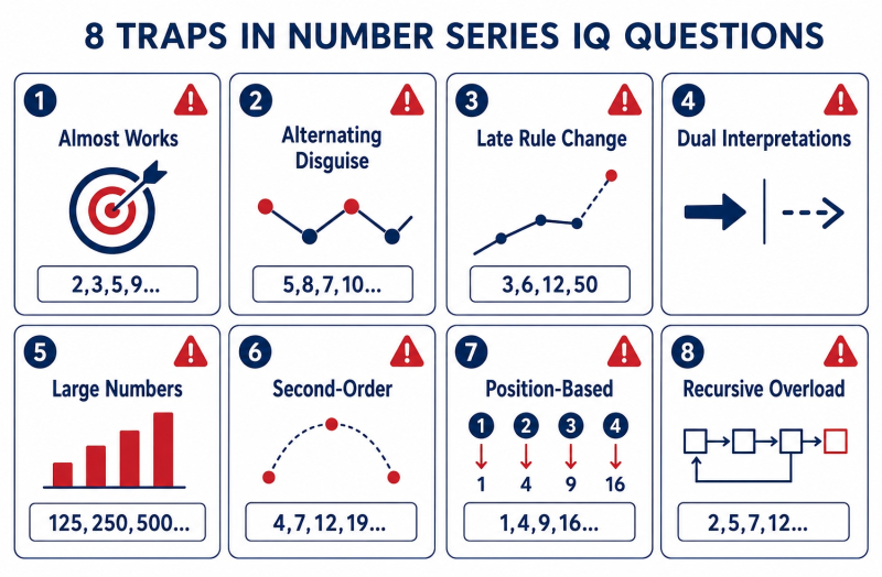 Overview of eight hidden traps in number series IQ questions: almost works pattern, alternating disguise, late-stage rule change, dual interpretations, large number overload, second-order patterns, position-based logic, and recursive sequences