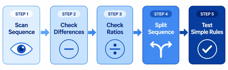 Five-step strategy flowchart for solving number series: scan sequence, check differences, check ratios, split sequence, test simple rules