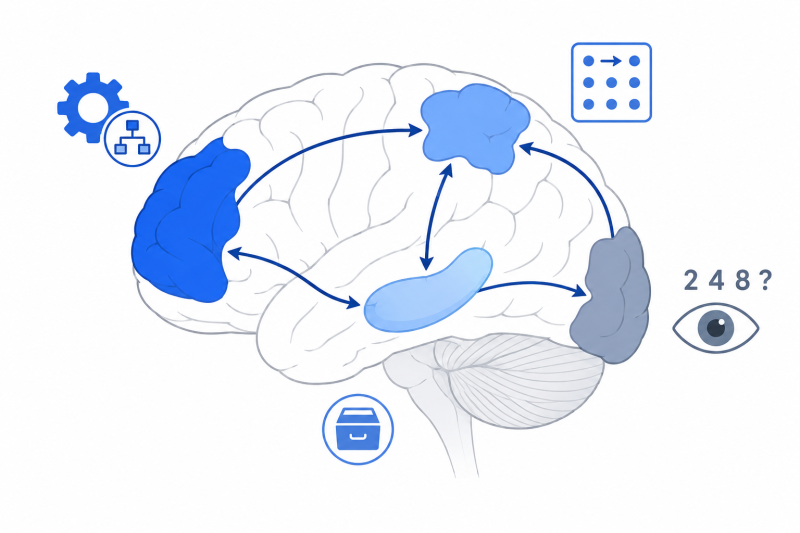 Flat illustration of brain cognitive processes involved in solving number series patterns