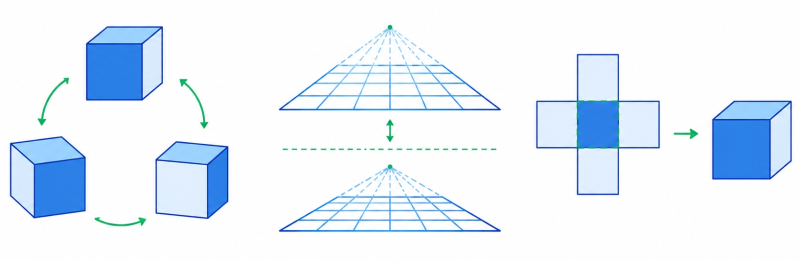 Illustration showing spatial logic skills including mental rotation, perspective shifting, and 3D object visualization
