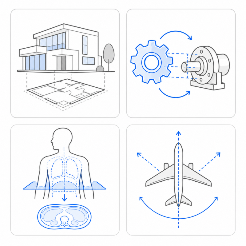 Flat illustration showing spatial logic applied across four real-world fields: architecture, engineering, surgery, and aviation