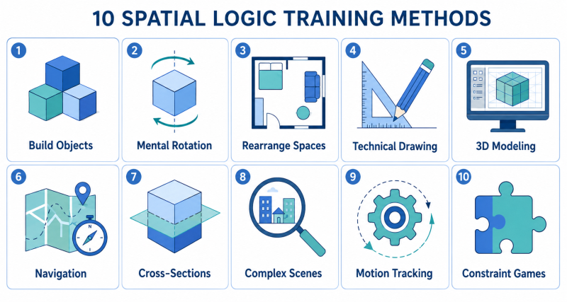 Overview of ten test-free spatial logic training methods including physical building, mental rotation, navigation, cross-sections, and 3D modeling