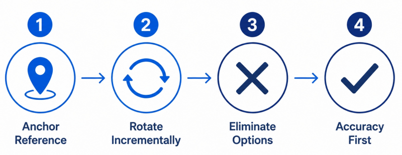 Visual guide showing four steps to improve spatial reasoning: anchor perspective, rotate incrementally, use elimination, and practice accuracy first