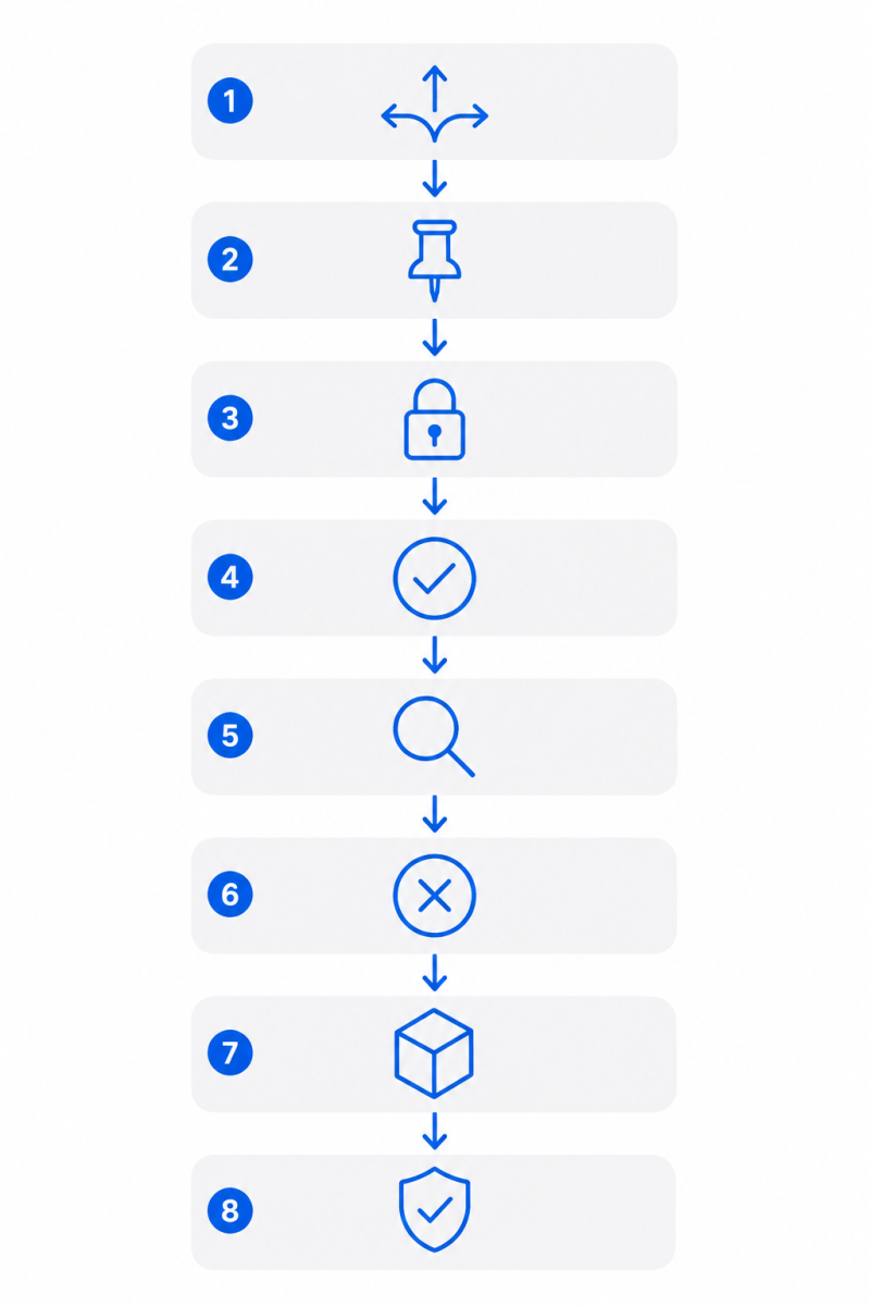 Flat illustration of an 8-step framework for solving 3D spatial reasoning problems in IQ tests