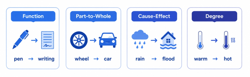 Diagram showing four common verbal analogy relationship types: function, part-to-whole, cause-and-effect, and degree of intensity with word pair examples