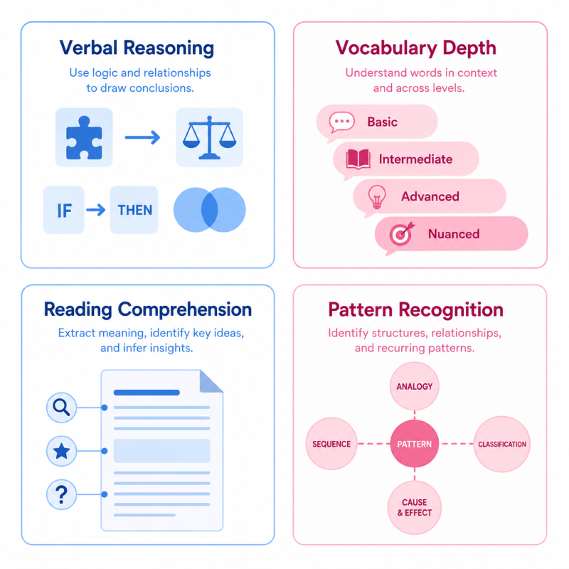 Overview of verbal intelligence core skills: verbal reasoning, vocabulary depth, reading comprehension, and language pattern recognition