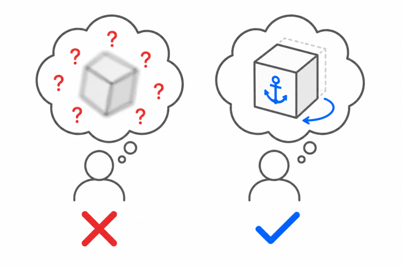 Flat illustration showing common spatial logic mistakes and their corrections in IQ tests